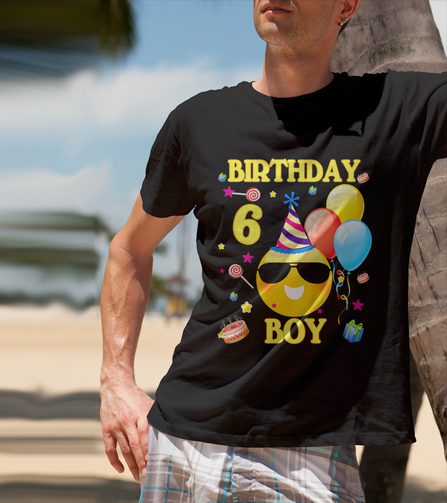 Birthday 6 Boy Emoji With Party Hat And Balloons T-Shirt