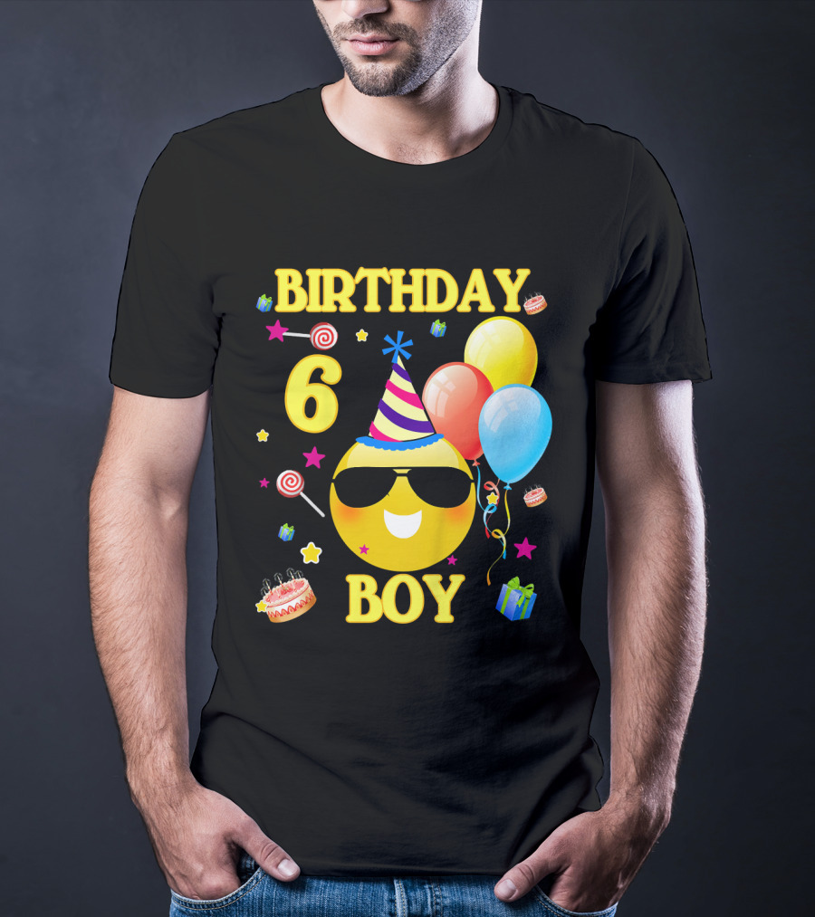 Birthday 6 Boy Emoji With Party Hat And Balloons T-Shirt