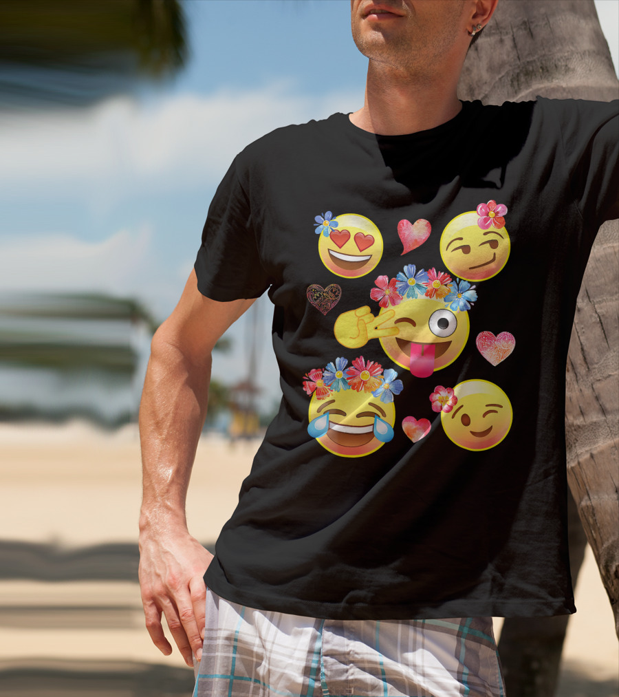 Cute Emoji Flower Crowns Heart Eyes Wink Tongue Out Laughing Crying Hearts T-Shirt