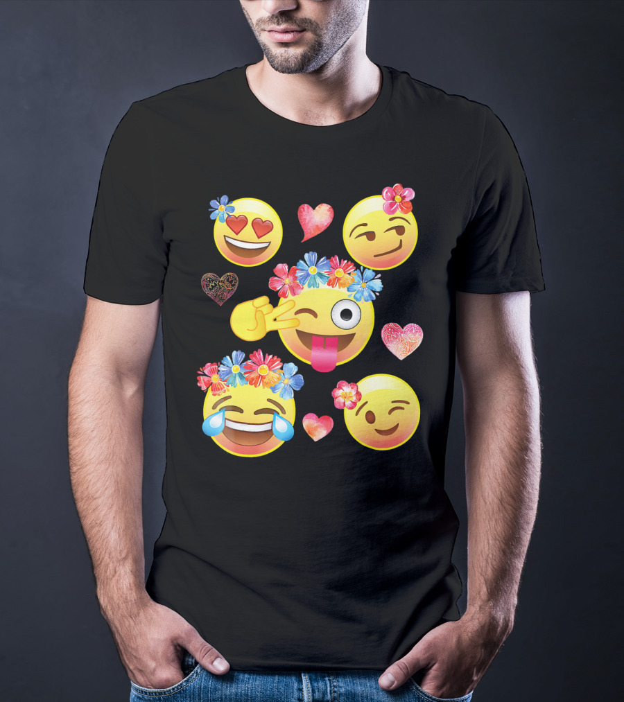 Cute Emoji Flower Crowns Heart Eyes Wink Tongue Out Laughing Crying Hearts T-Shirt