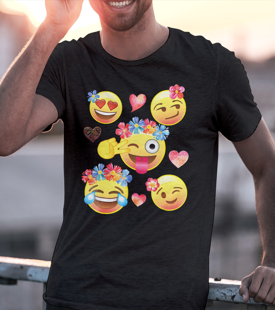 Cute Emoji Flower Crowns Heart Eyes Wink Tongue Out Laughing Crying Hearts T-Shirt