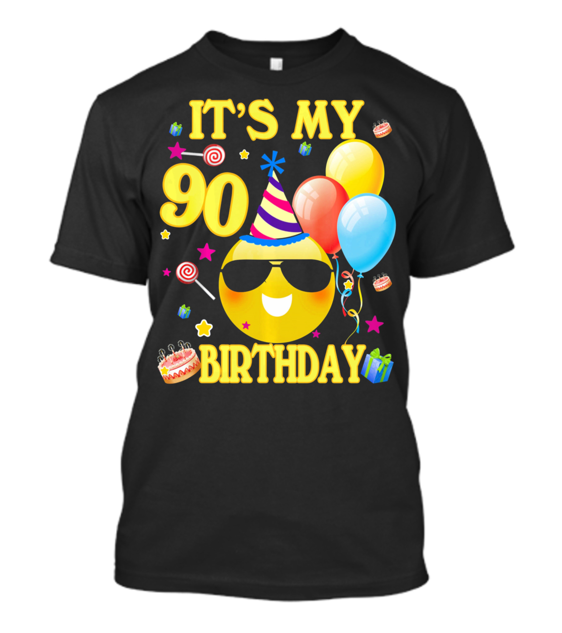 It's My 90 Birthday Cute Emoji Cake Balloons Party Hat T-Shirt