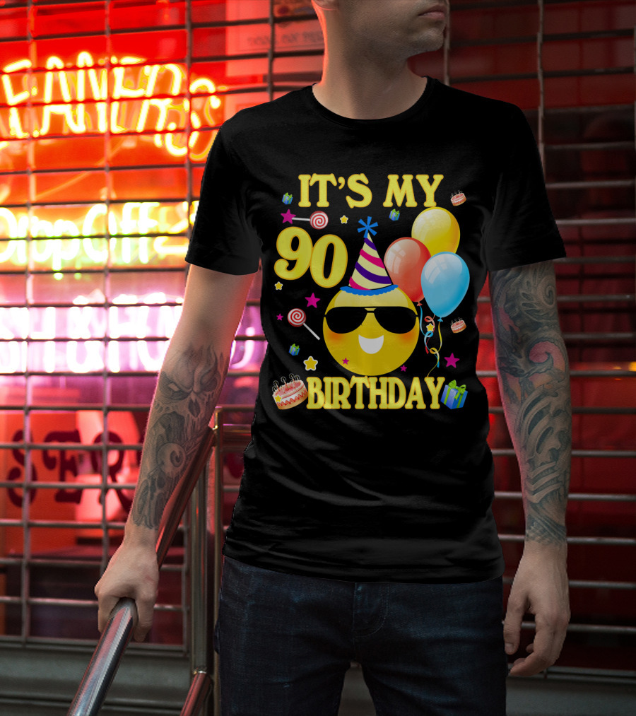 It's My 90 Birthday Cute Emoji Cake Balloons Party Hat T-Shirt
