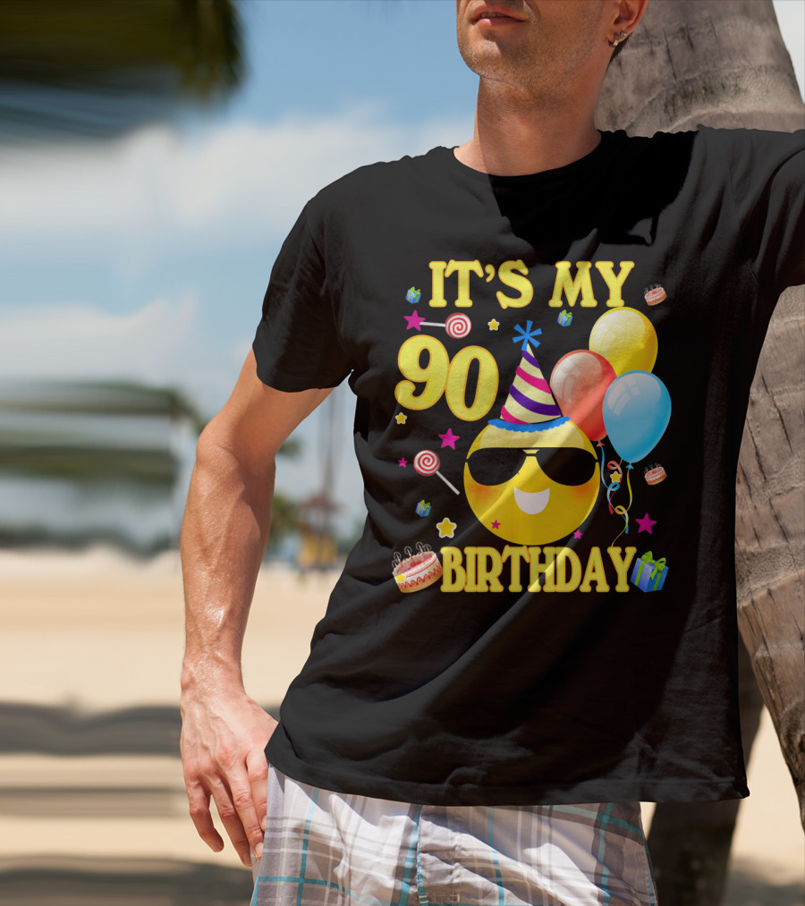 It's My 90 Birthday Cute Emoji Cake Balloons Party Hat T-Shirt