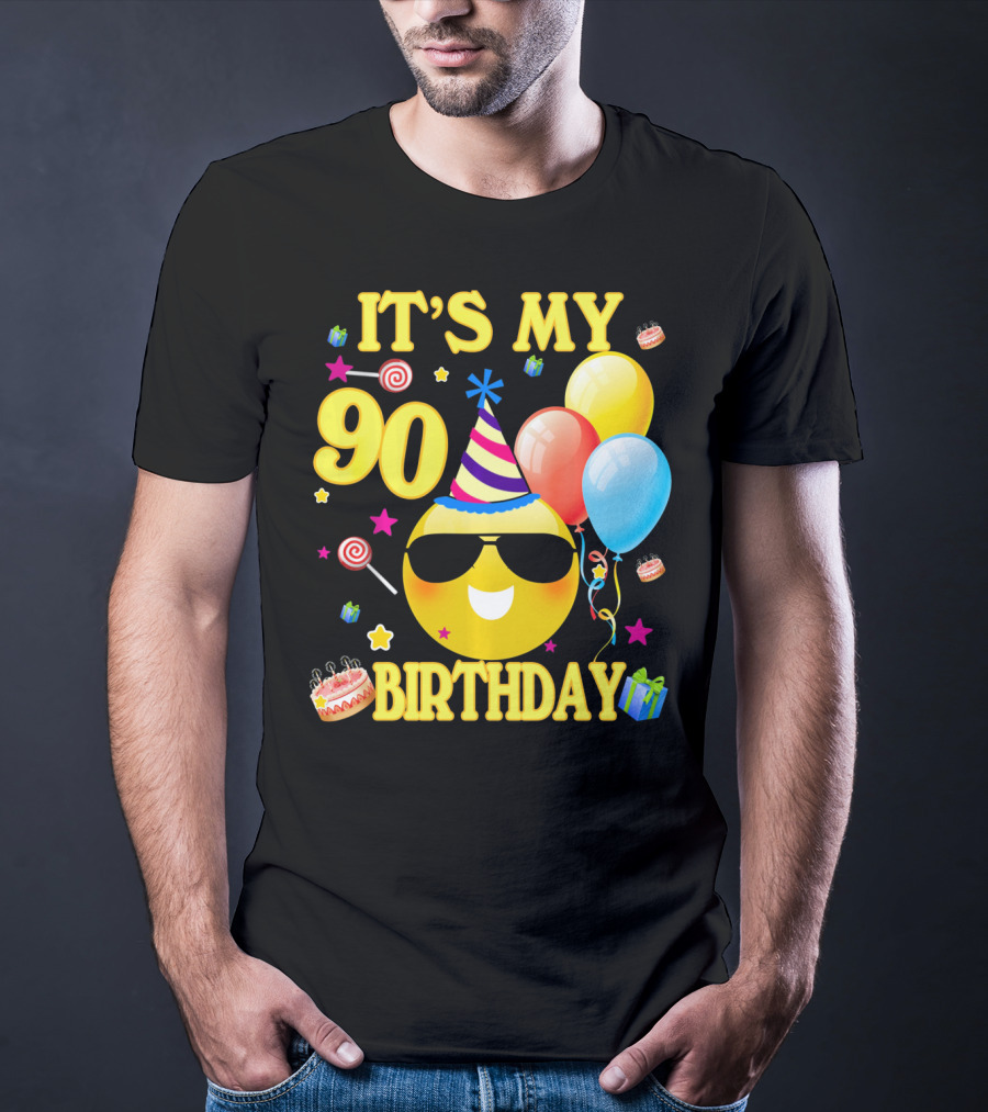It's My 90 Birthday Cute Emoji Cake Balloons Party Hat T-Shirt