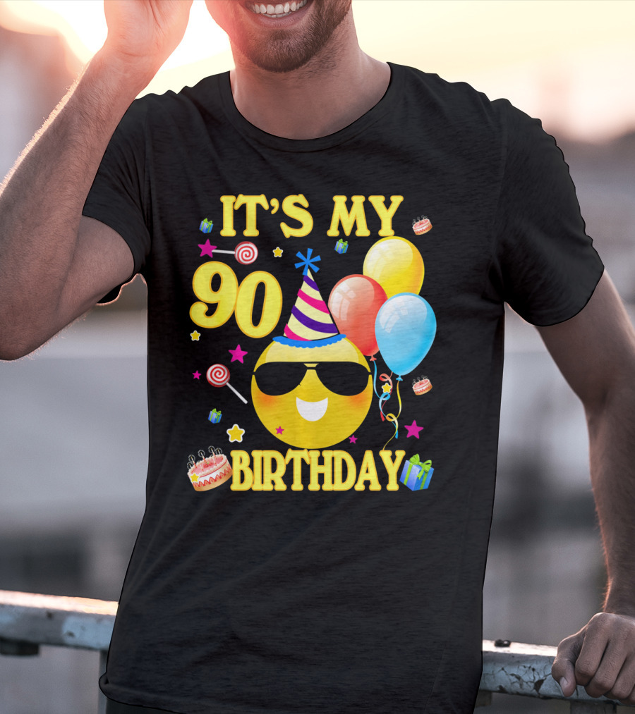 It's My 90 Birthday Cute Emoji Cake Balloons Party Hat T-Shirt