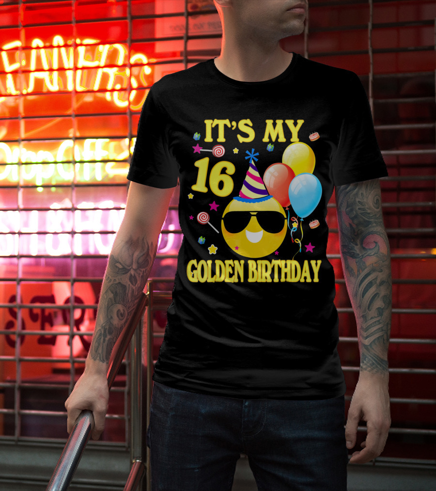 It's My 16 Golden Birthday Emoji Balloons Party Hat T-Shirt