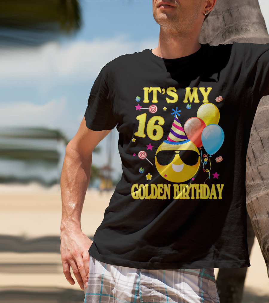 It's My 16 Golden Birthday Emoji Balloons Party Hat T-Shirt