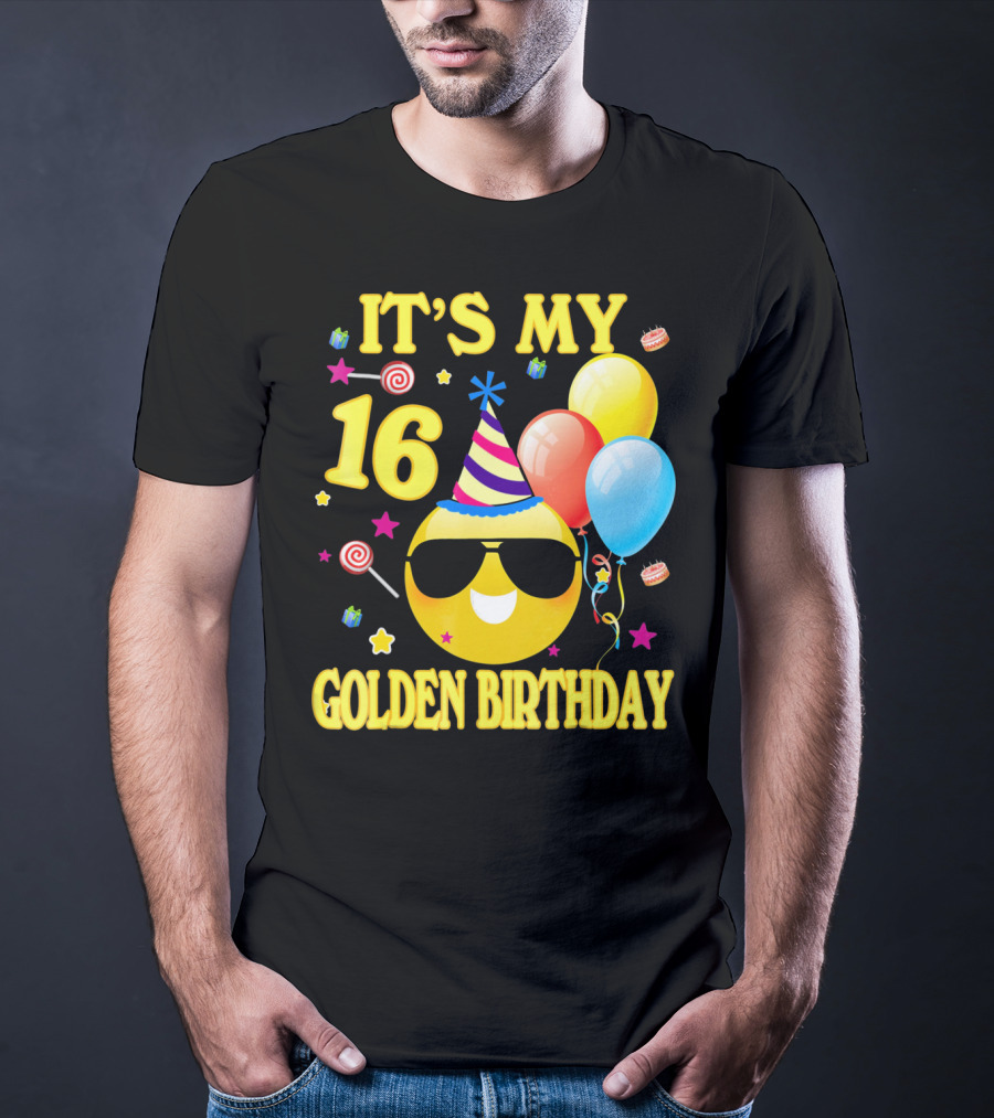 It's My 16 Golden Birthday Emoji Balloons Party Hat T-Shirt
