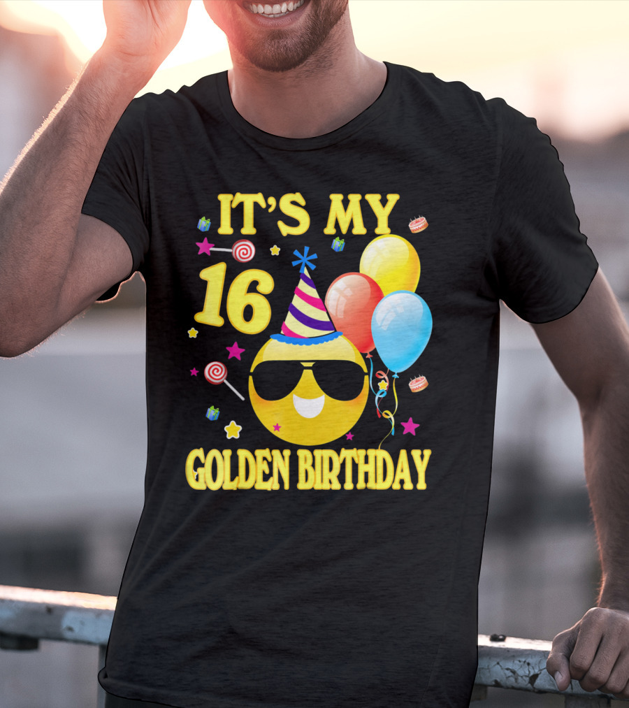 It's My 16 Golden Birthday Emoji Balloons Party Hat T-Shirt