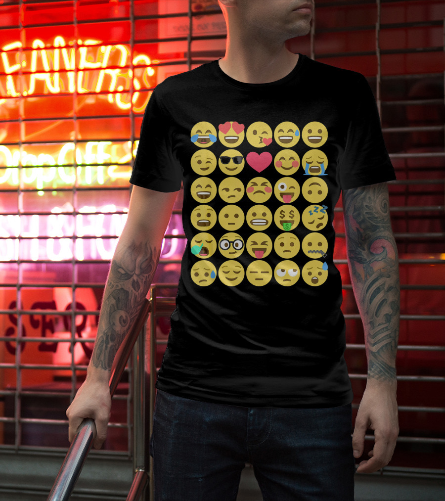 Emoji Emoticons Smiley Faces Heart Sunglasses Laughing Crying Stack T-Shirt
