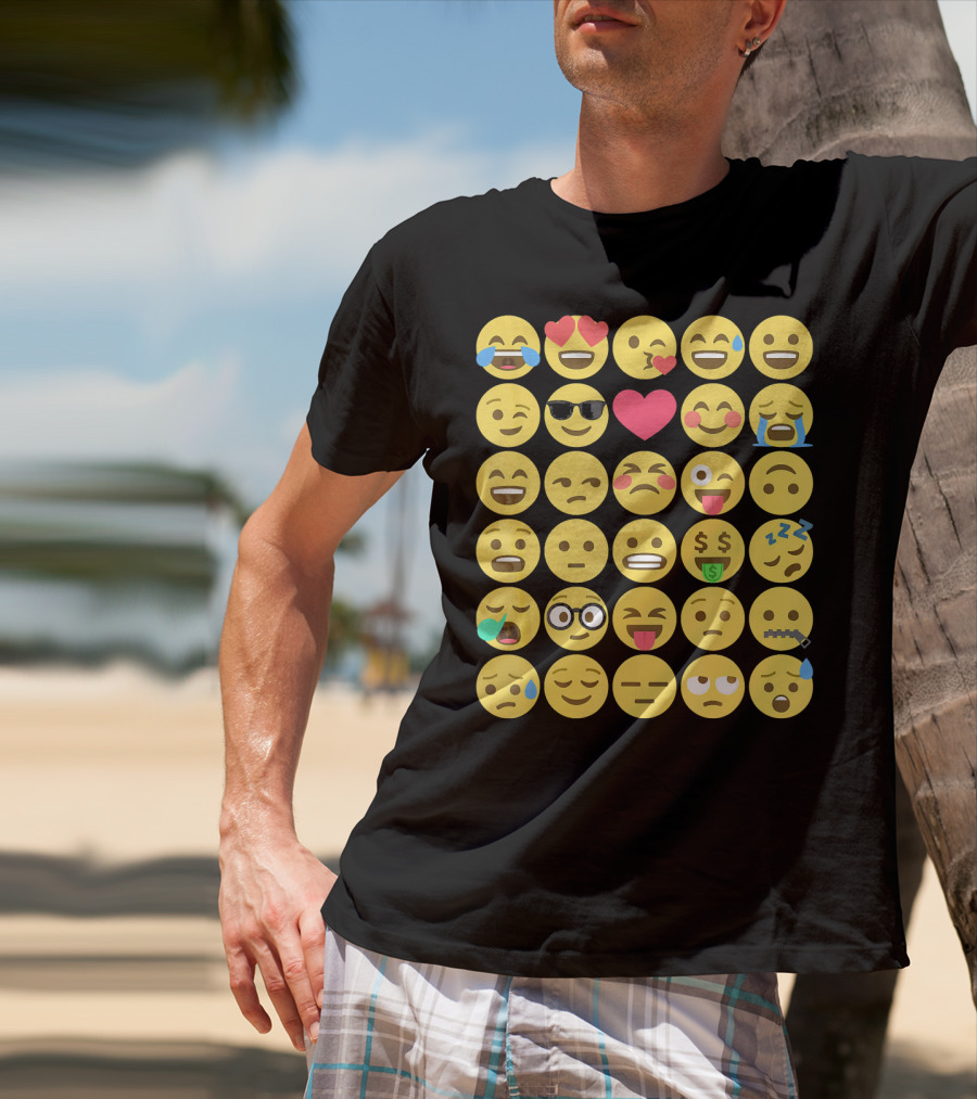 Emoji Emoticons Smiley Faces Heart Sunglasses Laughing Crying Stack T-Shirt