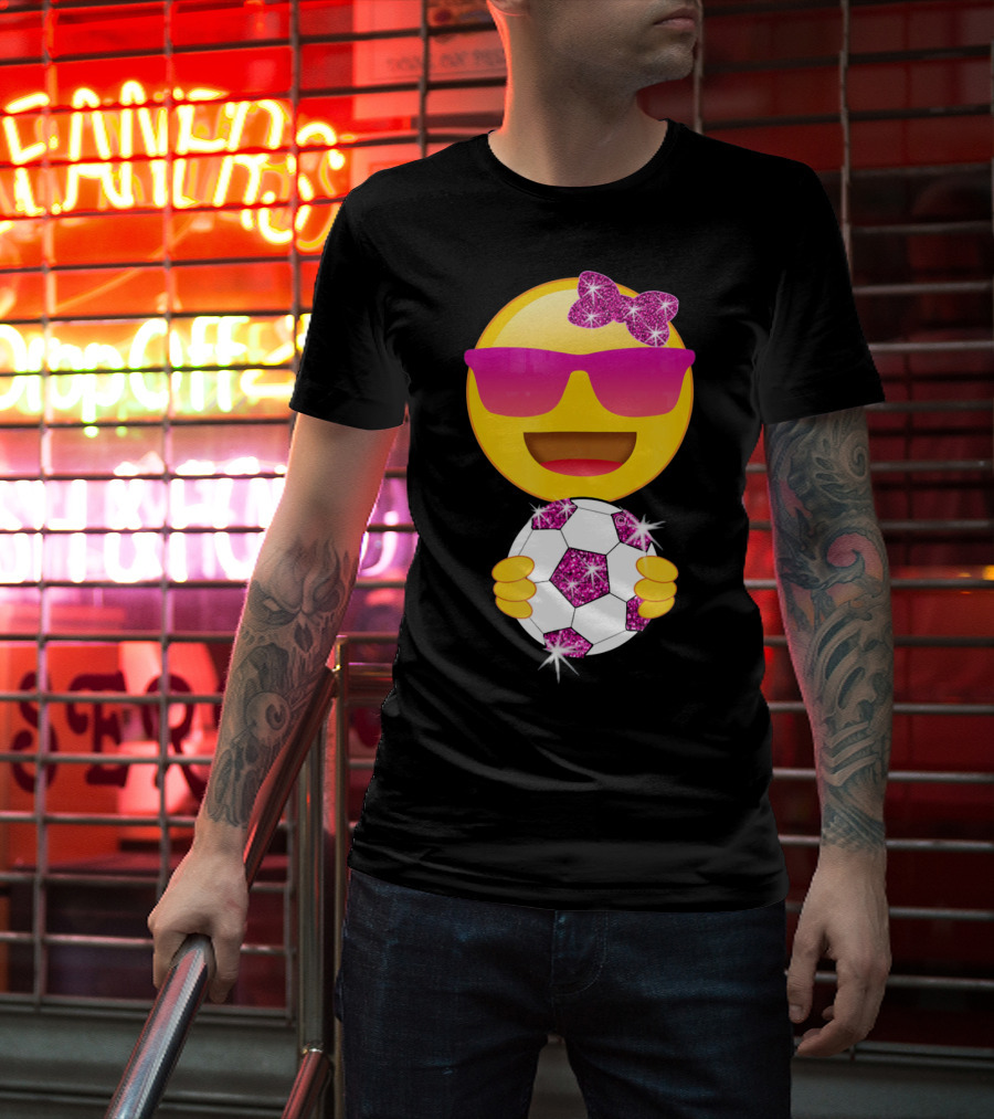Cute Emoji With Sunglasses Holding A Sparkling Soccer Ball And Glitter Bow T-Shirt