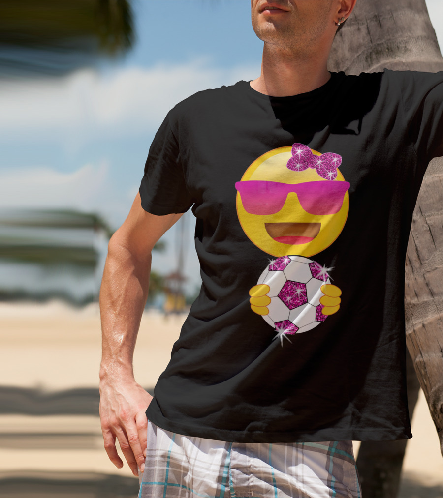 Cute Emoji With Sunglasses Holding A Sparkling Soccer Ball And Glitter Bow T-Shirt
