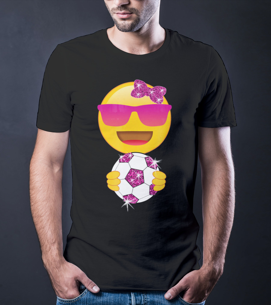 Cute Emoji With Sunglasses Holding A Sparkling Soccer Ball And Glitter Bow T-Shirt