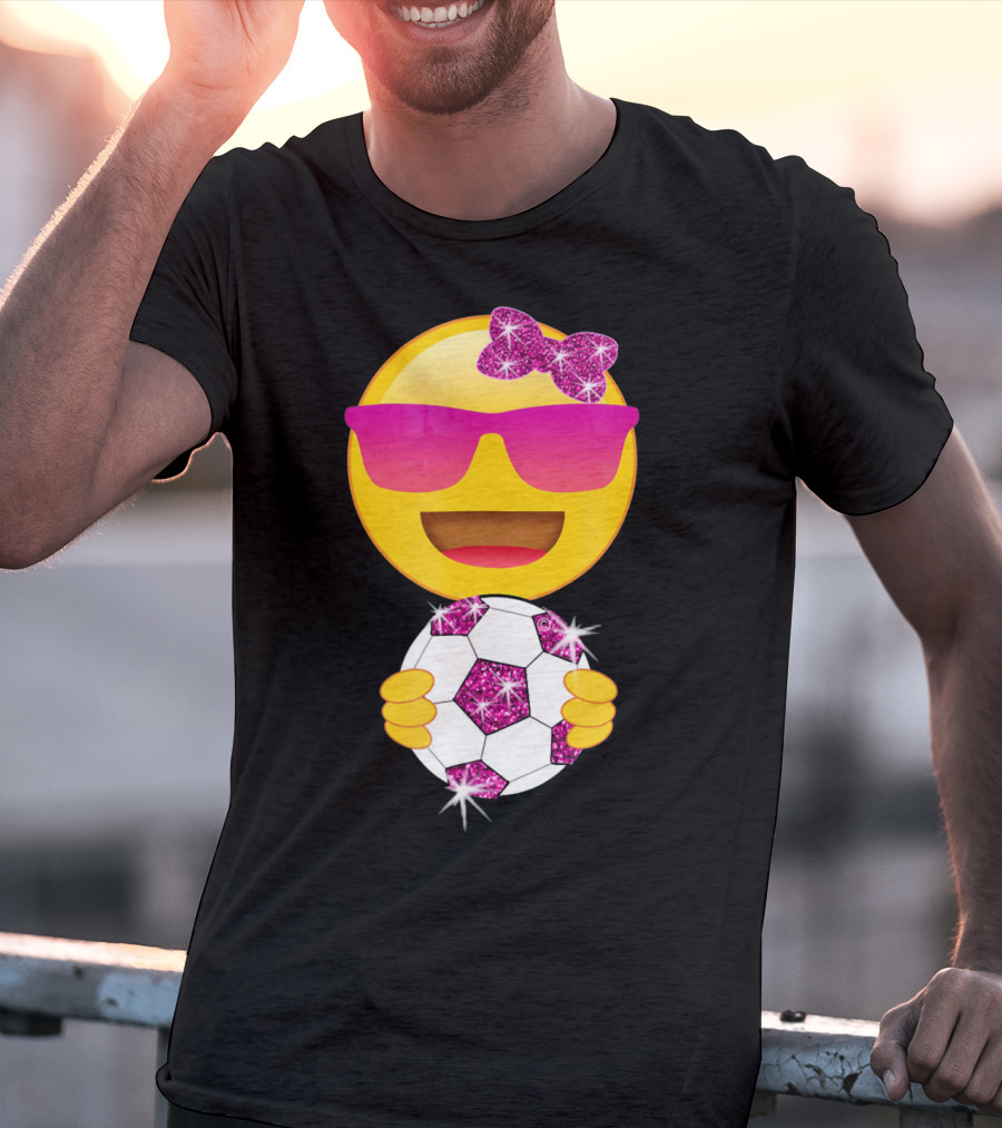 Cute Emoji With Sunglasses Holding A Sparkling Soccer Ball And Glitter Bow T-Shirt