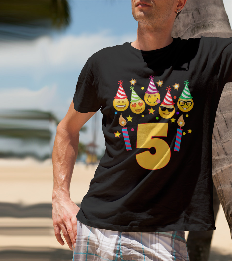 Five Year Old Birthday With Party Emoji Faces And Candles T-Shirt