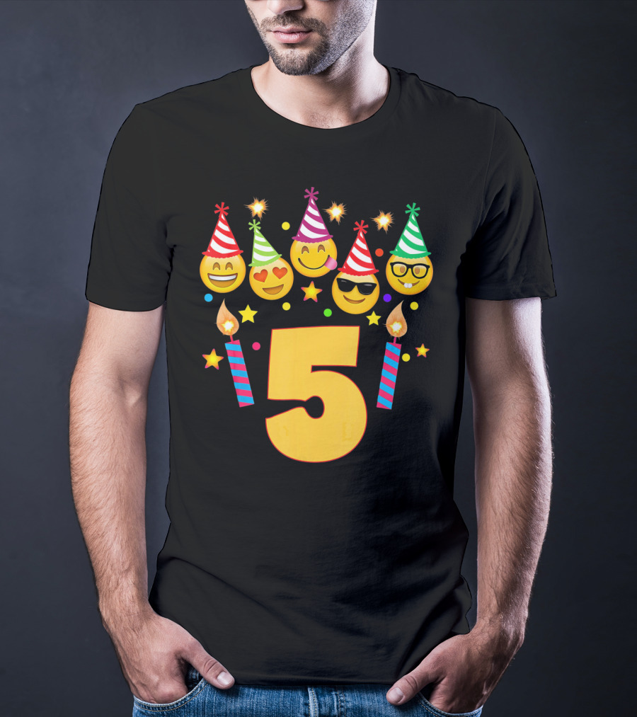 Five Year Old Birthday With Party Emoji Faces And Candles T-Shirt