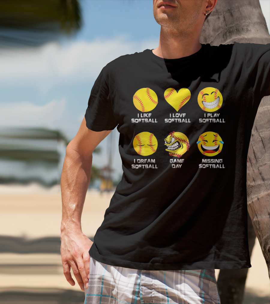 Softball Emoji I Like Love Play Dream Game Day Missing Softball T-Shirt