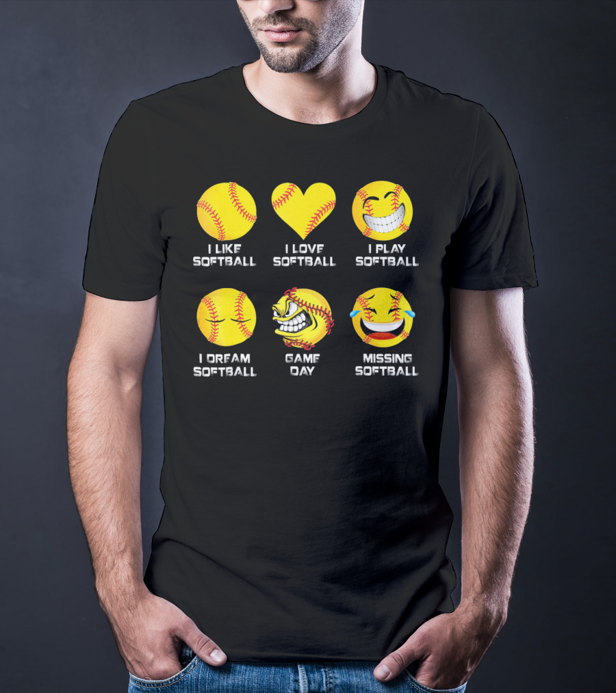 Softball Emoji I Like Love Play Dream Game Day Missing Softball T-Shirt