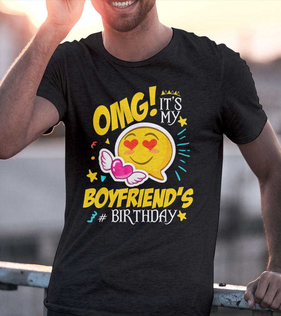 OMG It's My Boyfriend's Birthday Cool Emo Emoji Hearts Wings T-Shirt