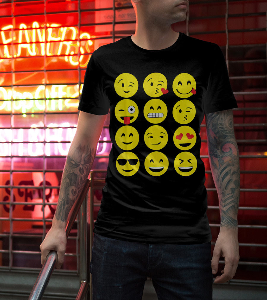 Emojis Funny Emoji Yellow Face Winking Smiling Heart Eyes Sunglasses Expression T-Shirt