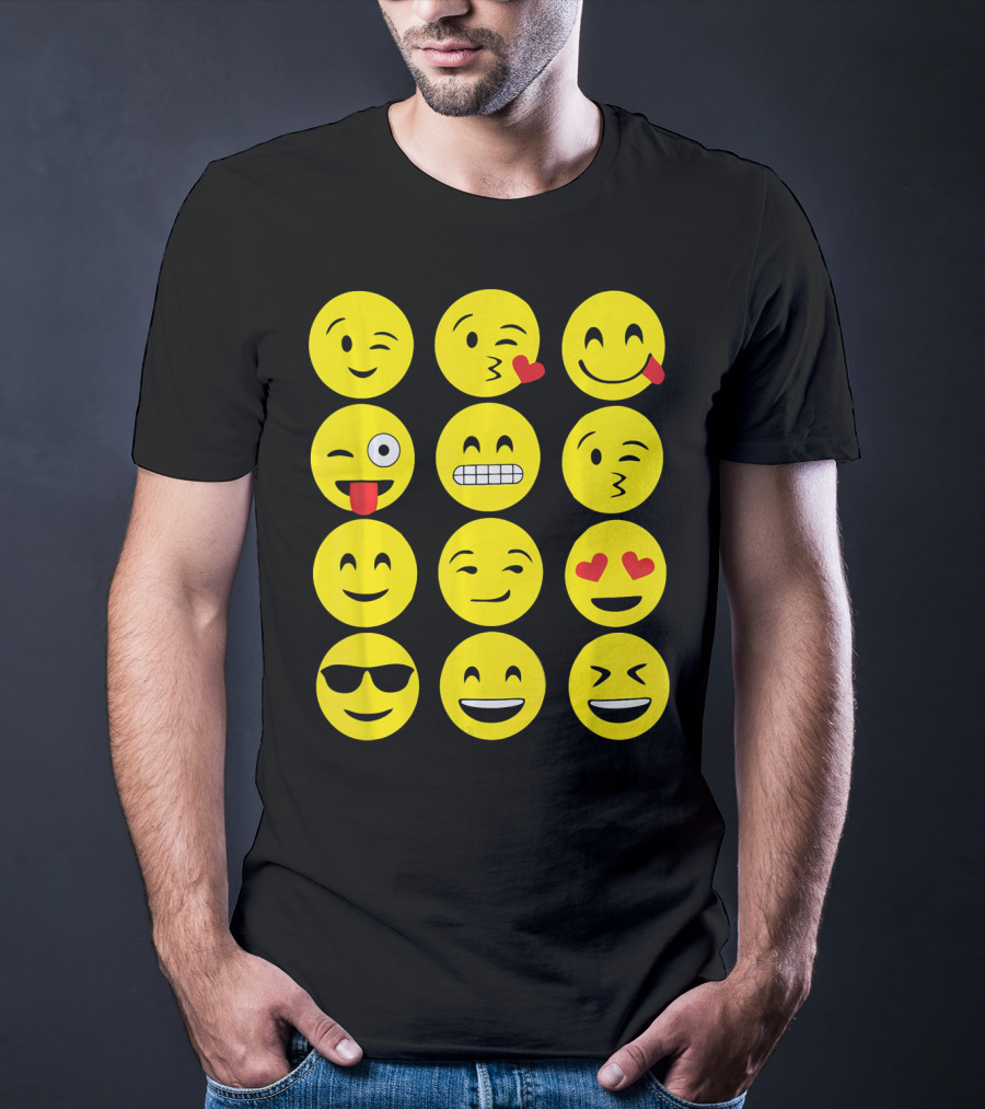 Emojis Funny Emoji Yellow Face Winking Smiling Heart Eyes Sunglasses Expression T-Shirt