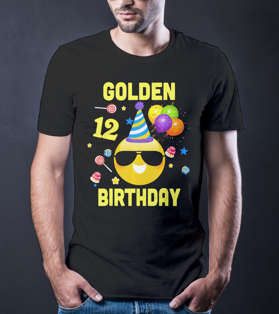 Golden Birthday 12 Emoji Party Hat Sunglasses Balloons Confetti T-Shirt