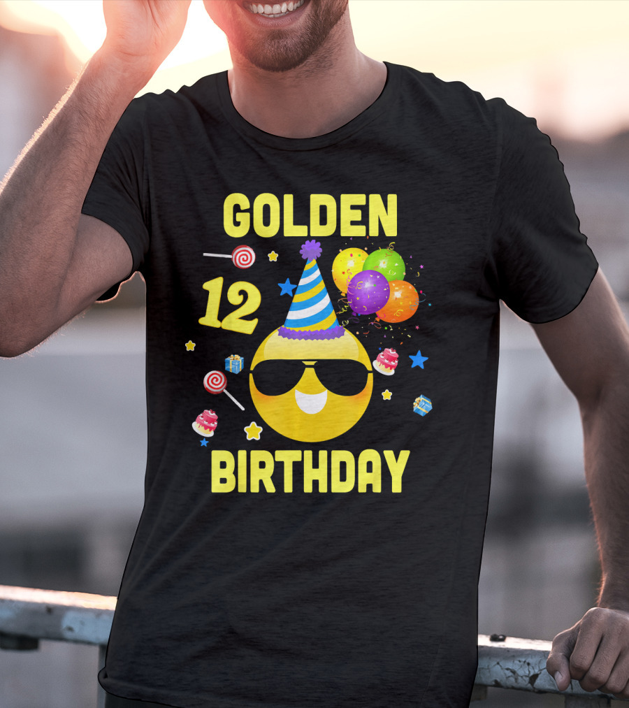 Golden Birthday 12 Emoji Party Hat Sunglasses Balloons Confetti T-Shirt