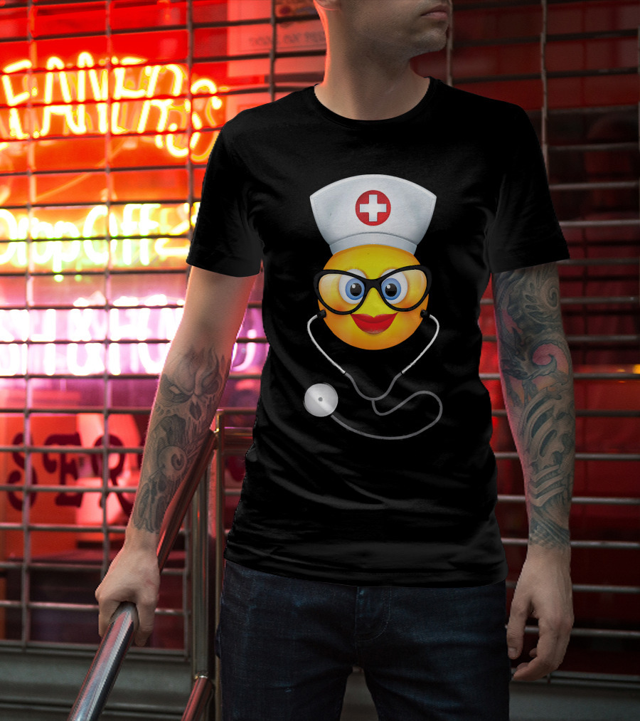 Nurse Halloween Funny Emoji Glasses Stethoscope T-Shirt