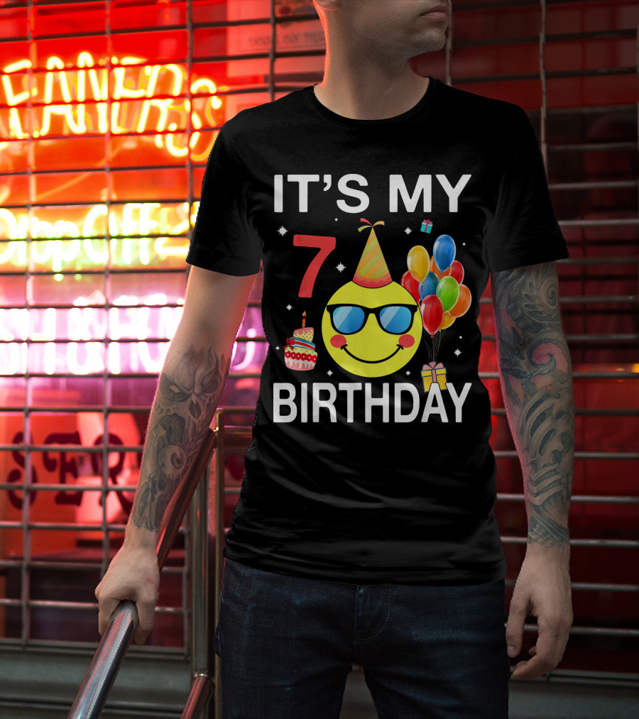 IT'S MY 7 BIRTHDAY Emoji Party Hat Sunglasses Balloons Cake T-Shirt