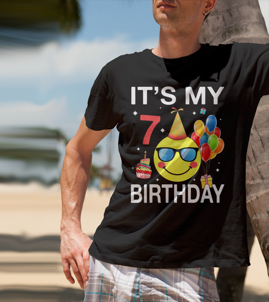 IT'S MY 7 BIRTHDAY Emoji Party Hat Sunglasses Balloons Cake T-Shirt