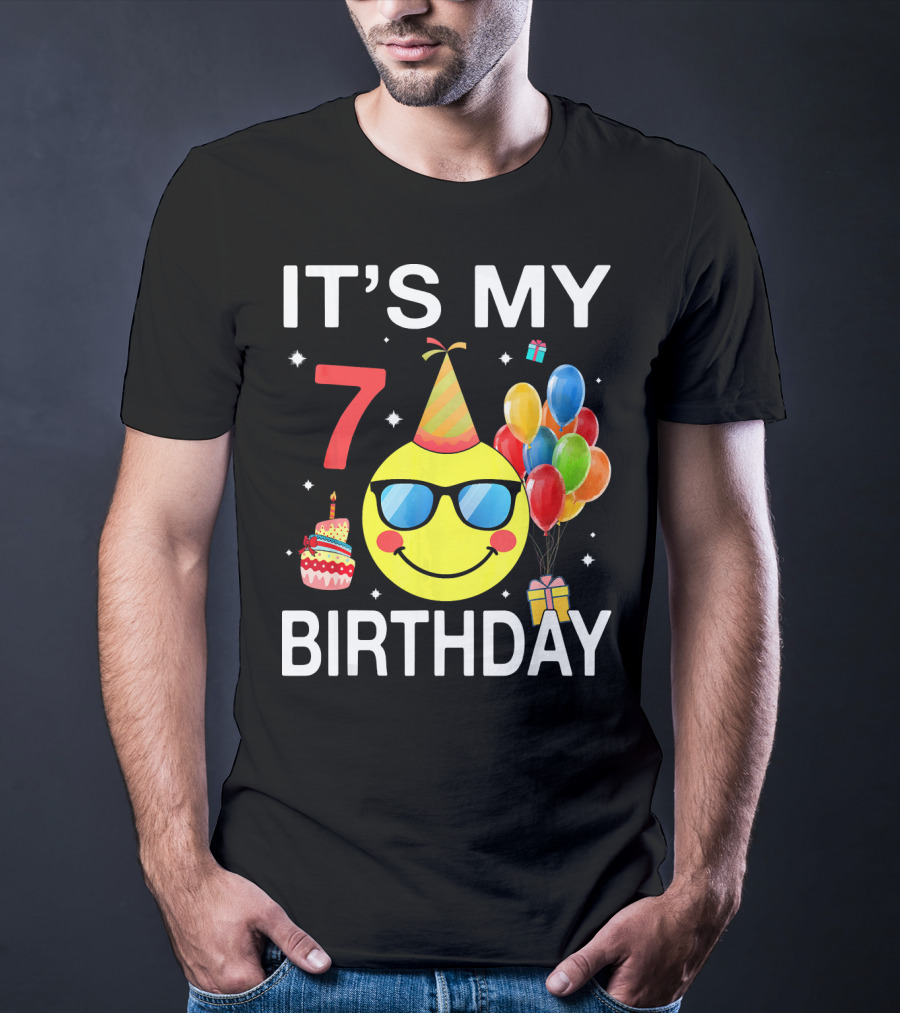 IT'S MY 7 BIRTHDAY Emoji Party Hat Sunglasses Balloons Cake T-Shirt