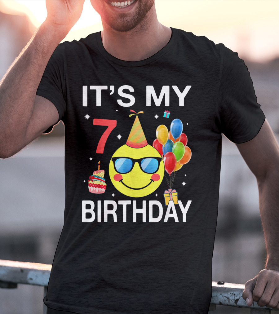 IT'S MY 7 BIRTHDAY Emoji Party Hat Sunglasses Balloons Cake T-Shirt