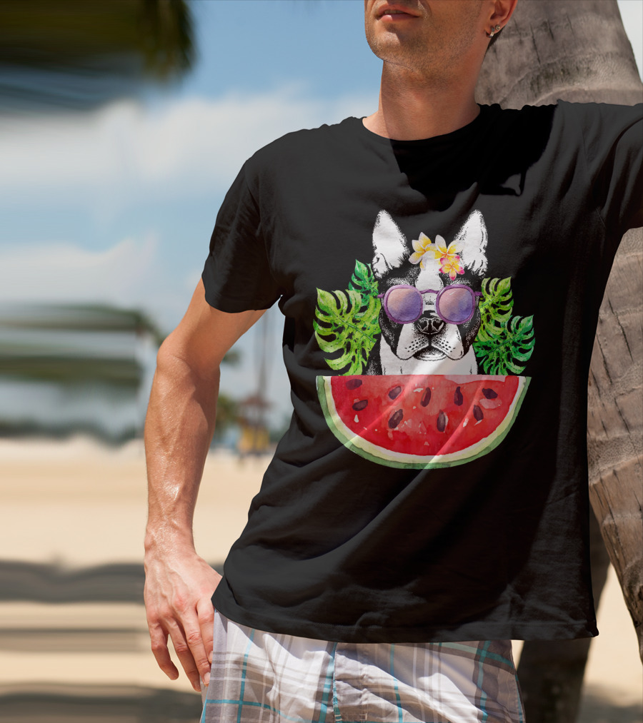 Funny Boston Terrier Love Summer Watermelon Sunglasses Tropical Vibes T-Shirt