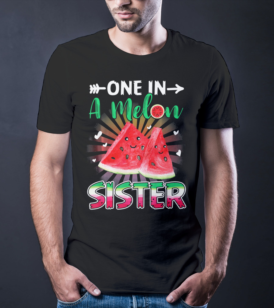 One In A Melon Sister Funny Watermelon With Smiling Slices And Hearts T-Shirt