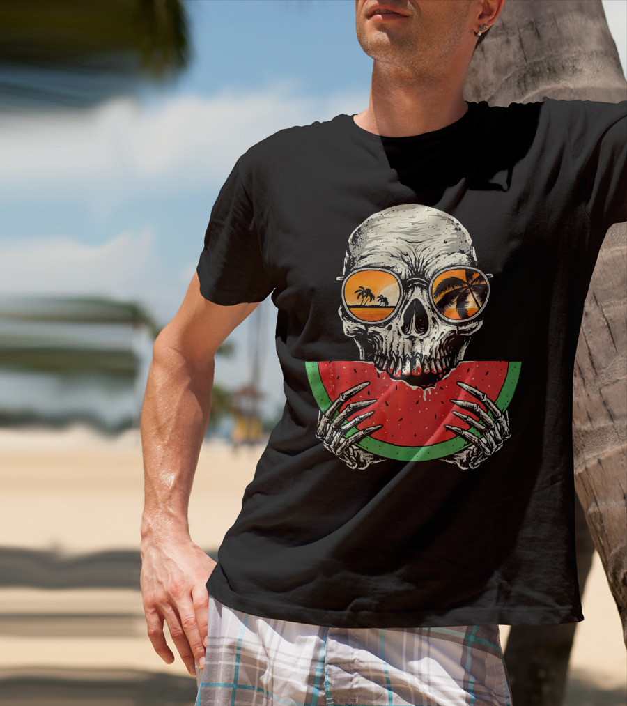 Watermelon Skull Wearing Summer Glasses With Beach Reflections T-Shirt
