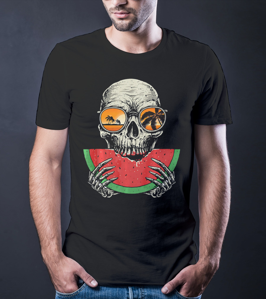 Watermelon Skull Wearing Summer Glasses With Beach Reflections T-Shirt