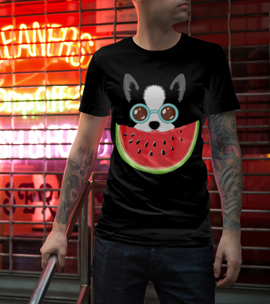 Watermelon Love Funny Boston Terrier With Sunglasses T-Shirt