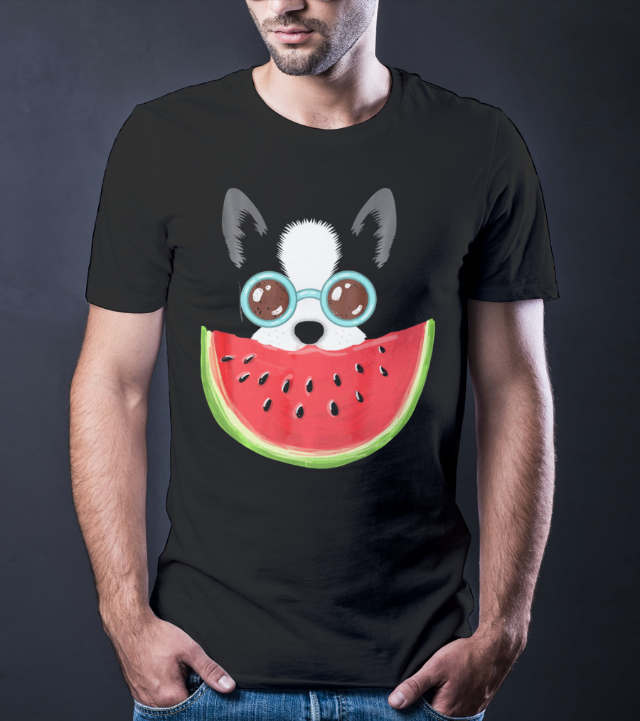 Watermelon Love Funny Boston Terrier With Sunglasses T-Shirt