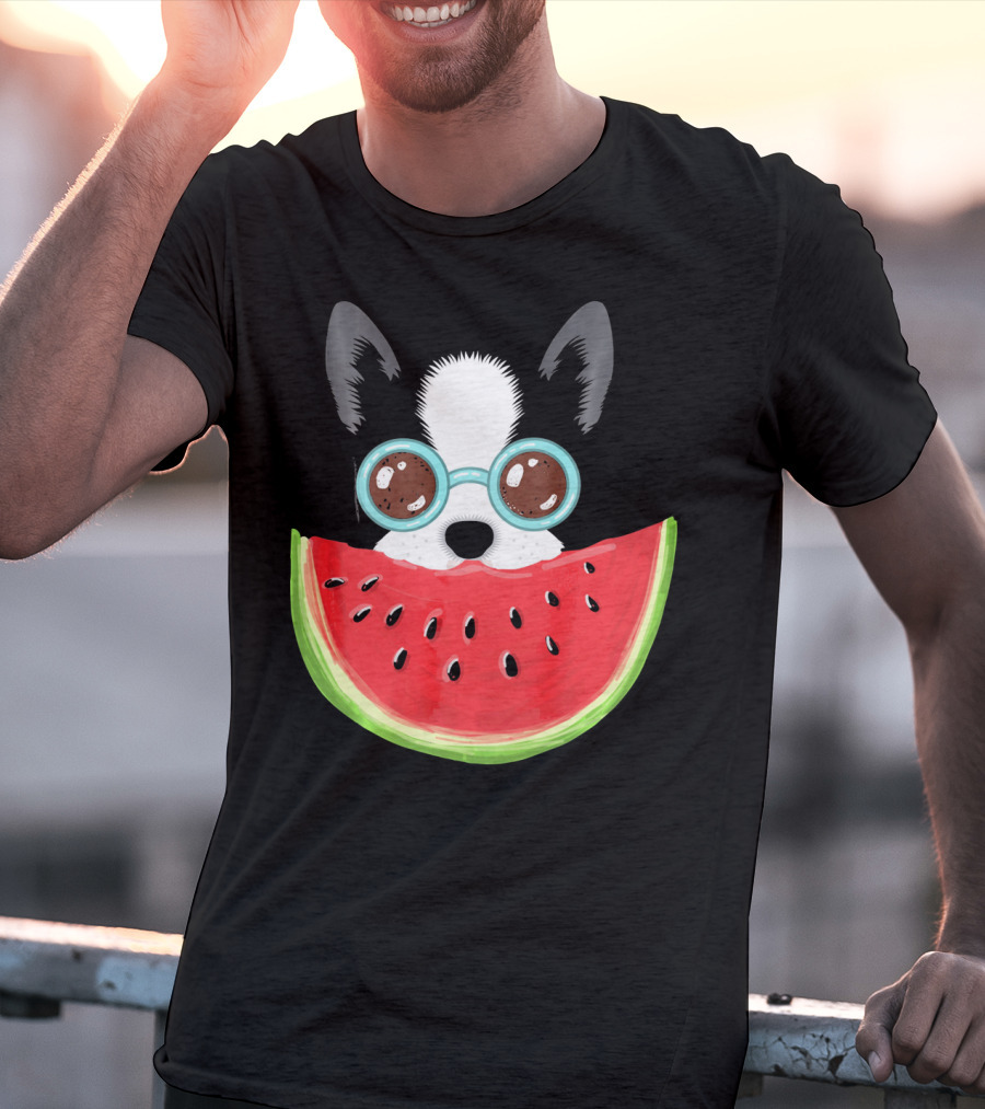 Watermelon Love Funny Boston Terrier With Sunglasses T-Shirt