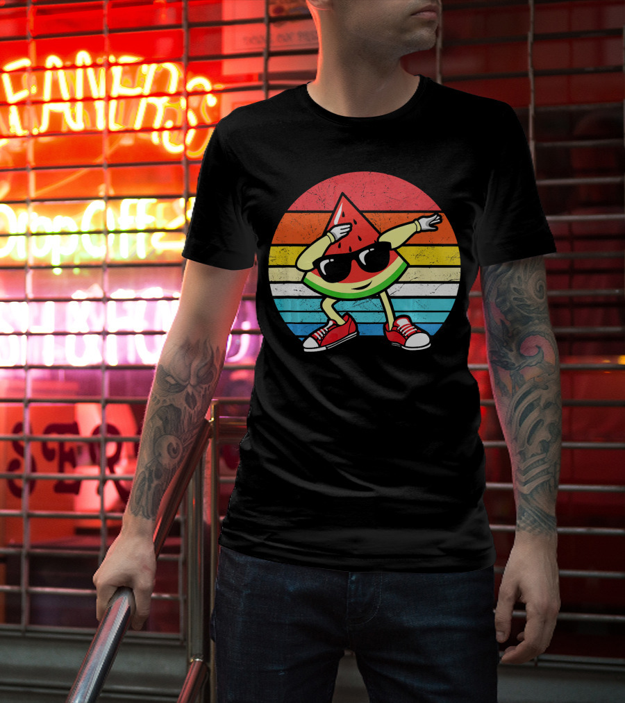 Dabbing Watermelon Vintage Summer Retro Sunset Stripes T-Shirt