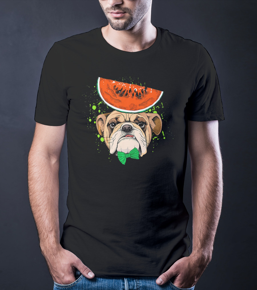 Bulldog Wearing Watermelon Hat With Green Bow Tie T-Shirt