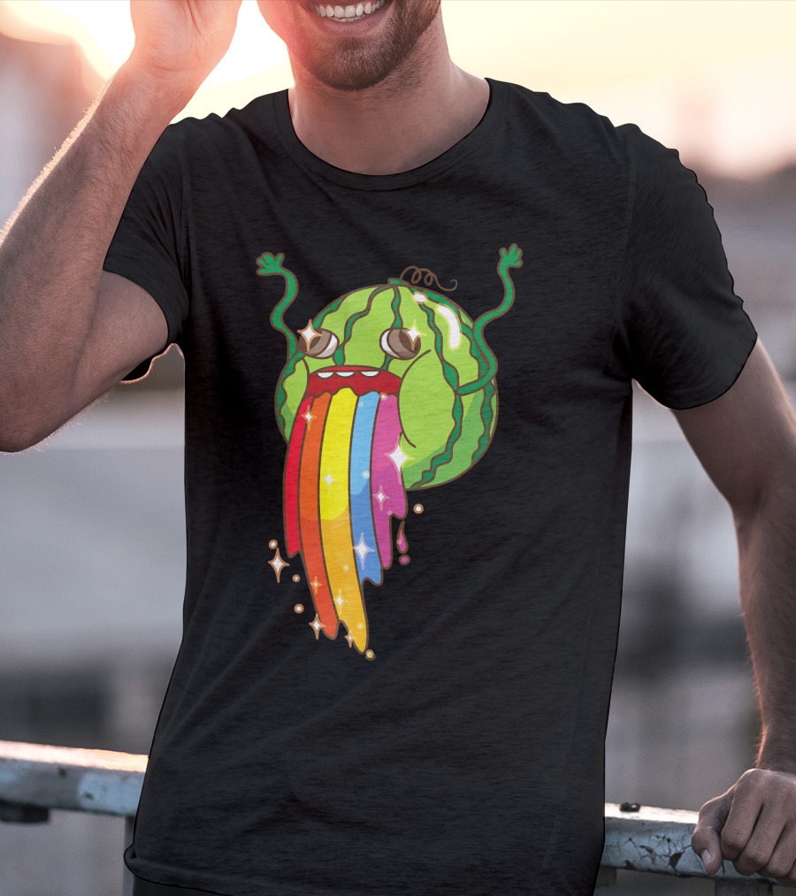 Comic Watermelon Vomits Sparkling Rainbow Streams T-Shirt