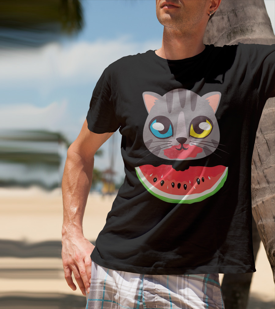 Watermelon Cat Funny Cat With Dual-Colored Eyes And Watermelon Slice T-Shirt