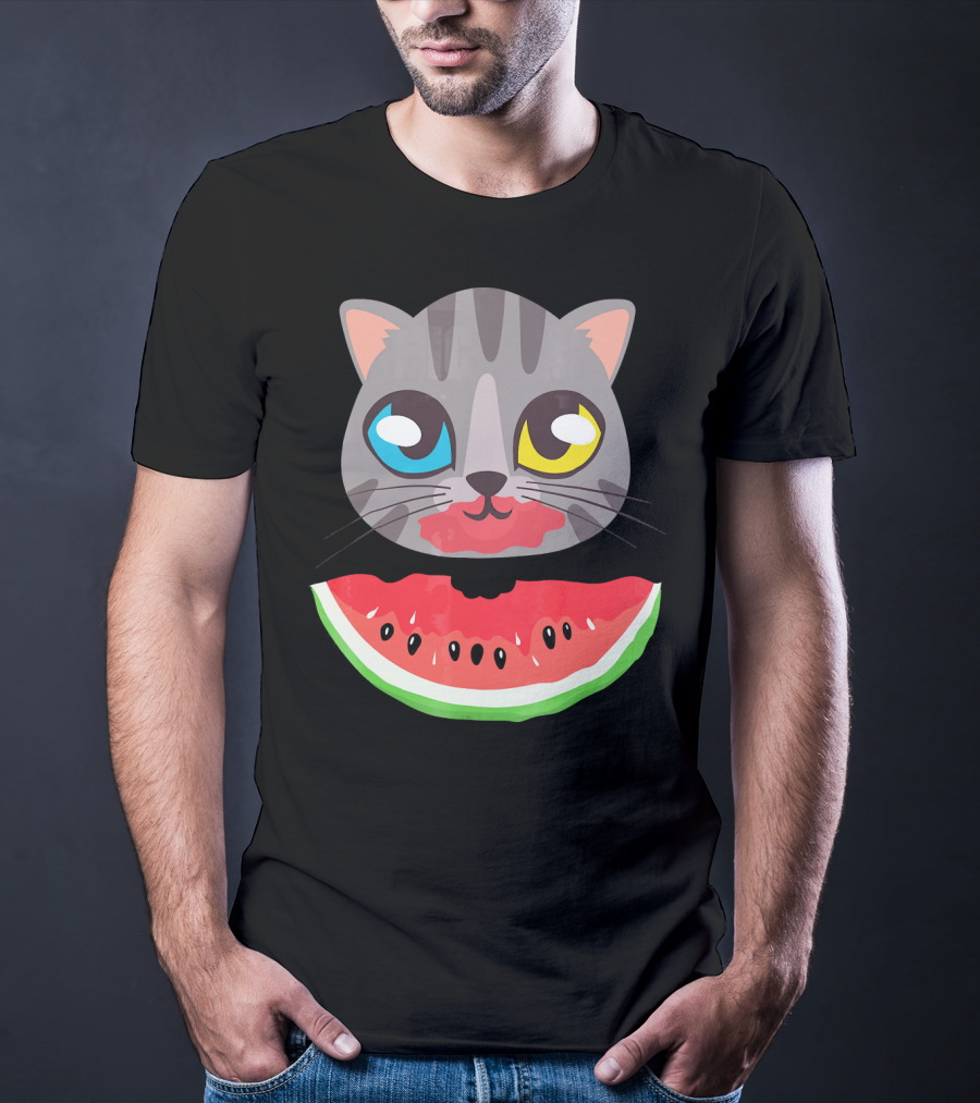 Watermelon Cat Funny Cat With Dual-Colored Eyes And Watermelon Slice T-Shirt