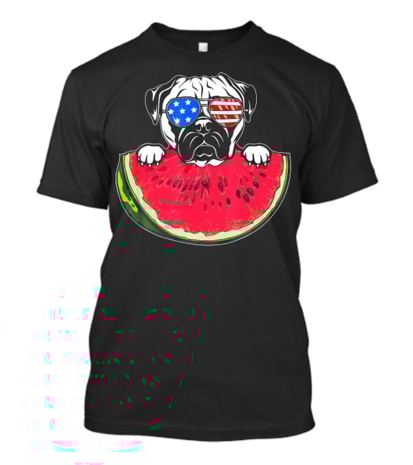 Funny Watermelon Day Pug American Flag Glasses T-Shirt