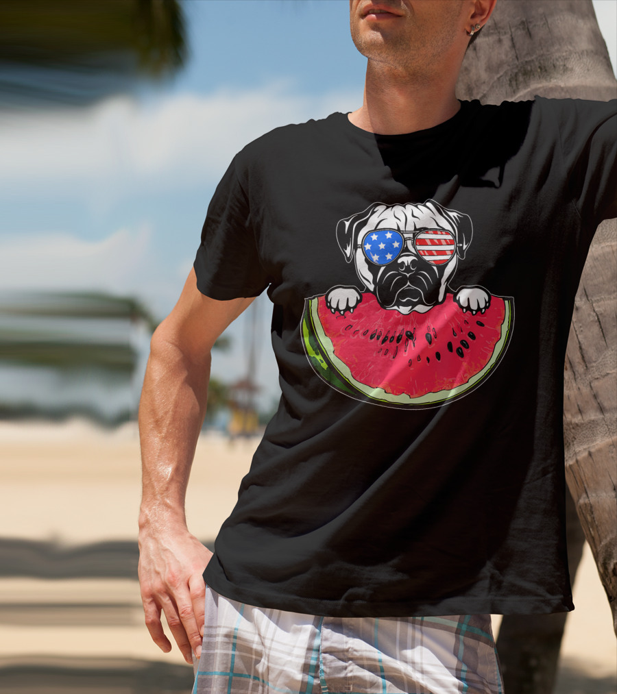 Funny Watermelon Day Pug American Flag Glasses T-Shirt