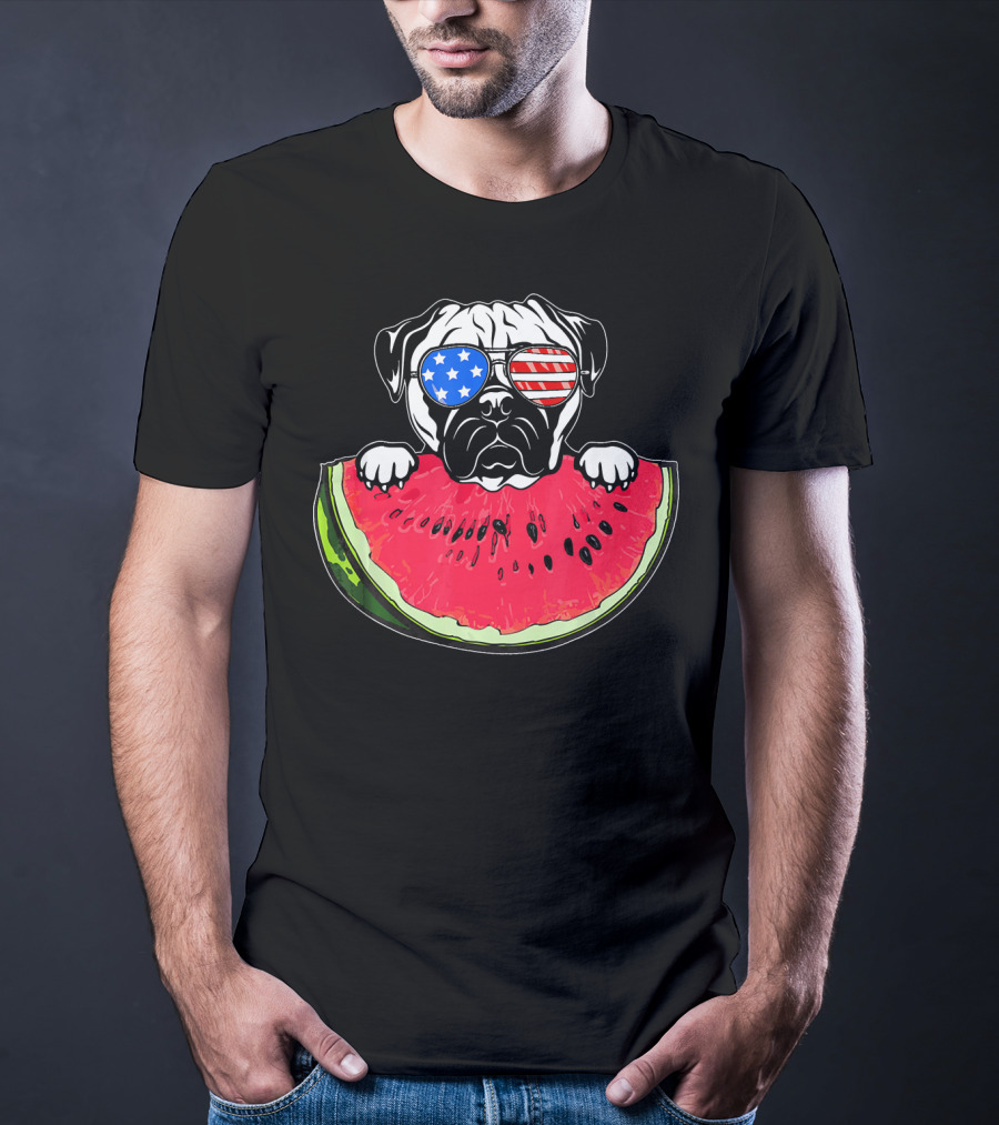 Funny Watermelon Day Pug American Flag Glasses T-Shirt