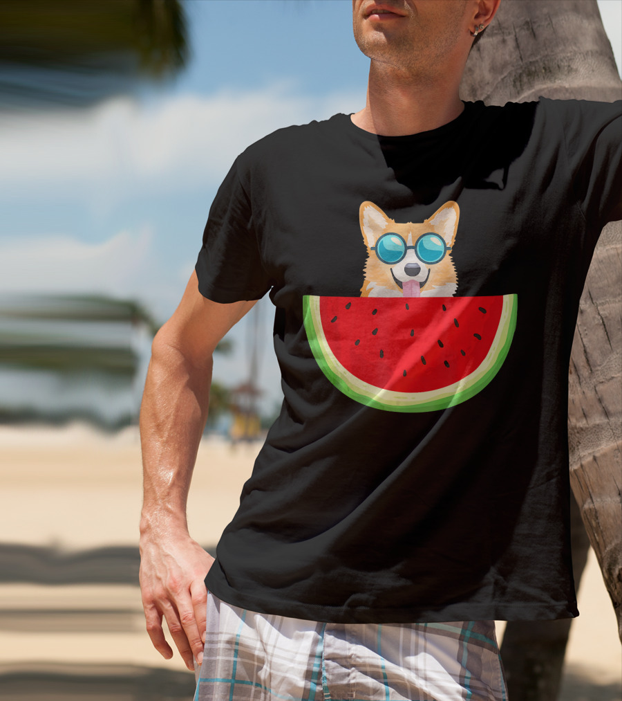 Corgi With Sunglasses And Watermelon Slice Womens T-Shirt